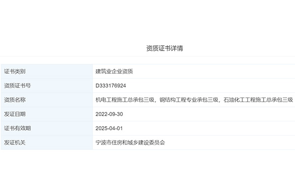 熱烈祝賀我司均合建設(shè)獲得機電工程施工總承包三級，鋼結(jié)構(gòu)工程專業(yè)承包三級，石油化工工程施工總承包三級